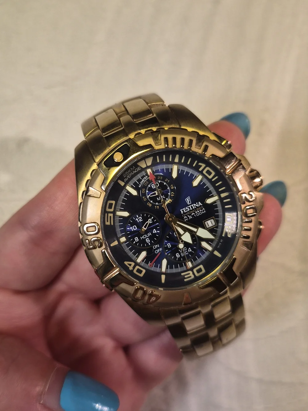 Mens Festina Watch Chronograph Gold Plated F 16119 Chrono Bike Blue Face ✨️💫